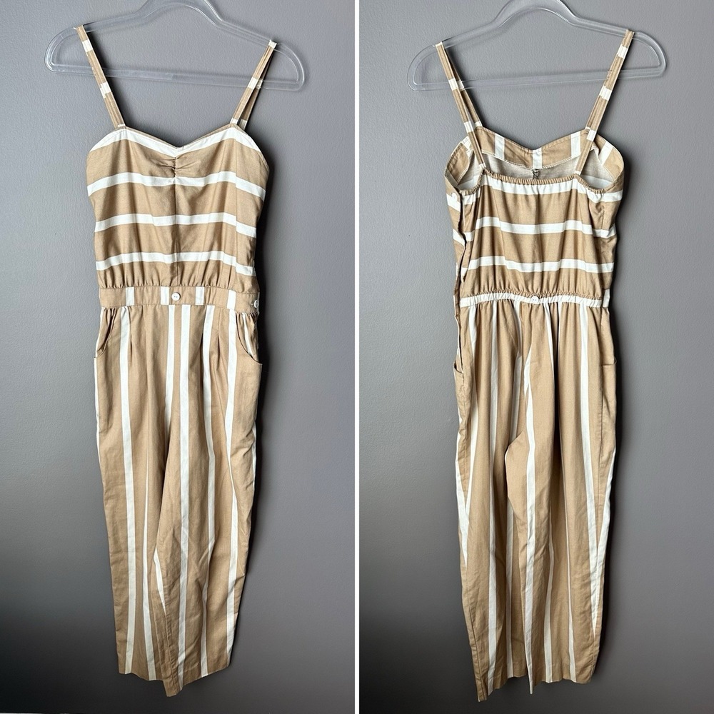 Vintage Coquille Romper Jumpsuit Women XS 5/6 Beige Stripes Pockets Cotton 80s
